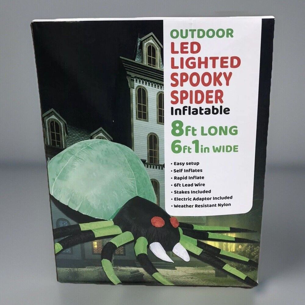 8 Feet Long Halloween Inflatable Green Spider Black LED Lights Decor Outdoor NEW